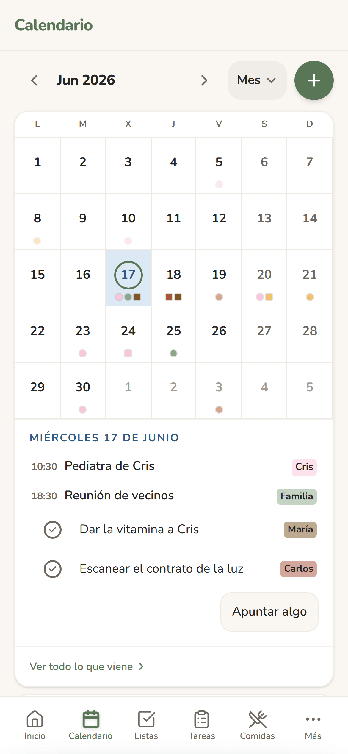 Pantalla del mes en Farpi, con el 17 de junio marcado y sus planes debajo