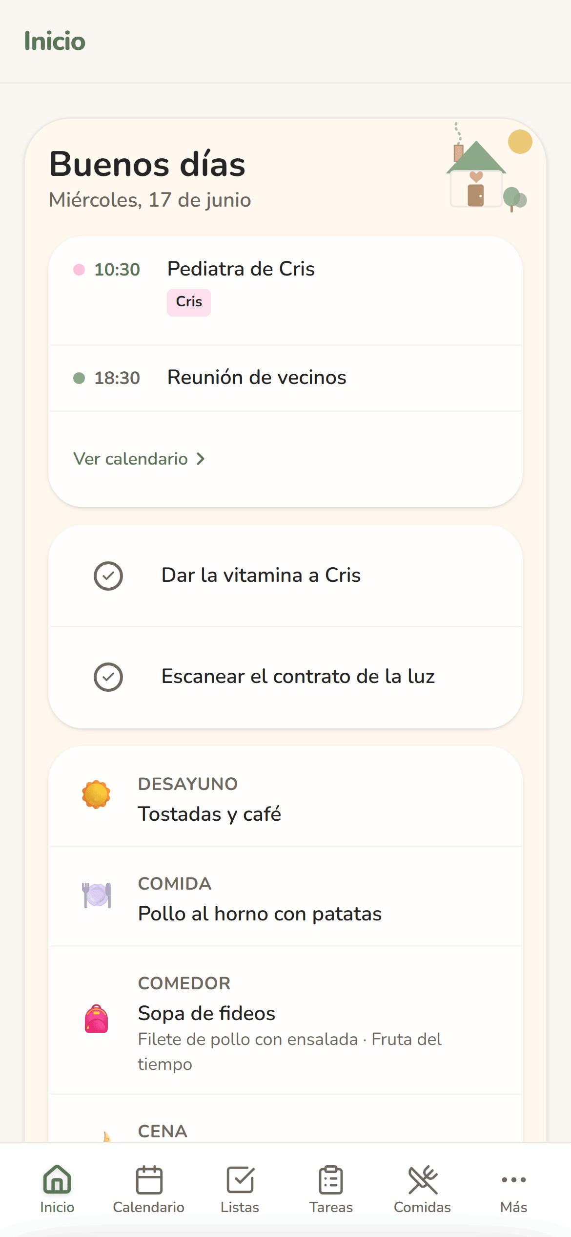 Pantalla de Inicio en Farpi, con las citas, las tareas y las comidas de hoy